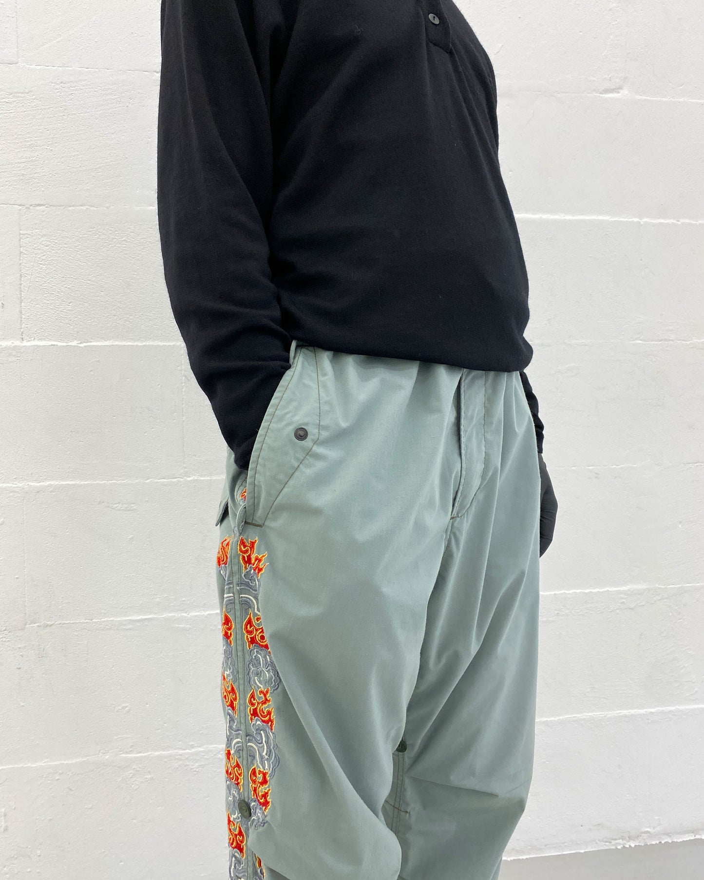 Maharishi 2000s Embroidered Flames Snopants Parachute Pants Light Grey Petrol