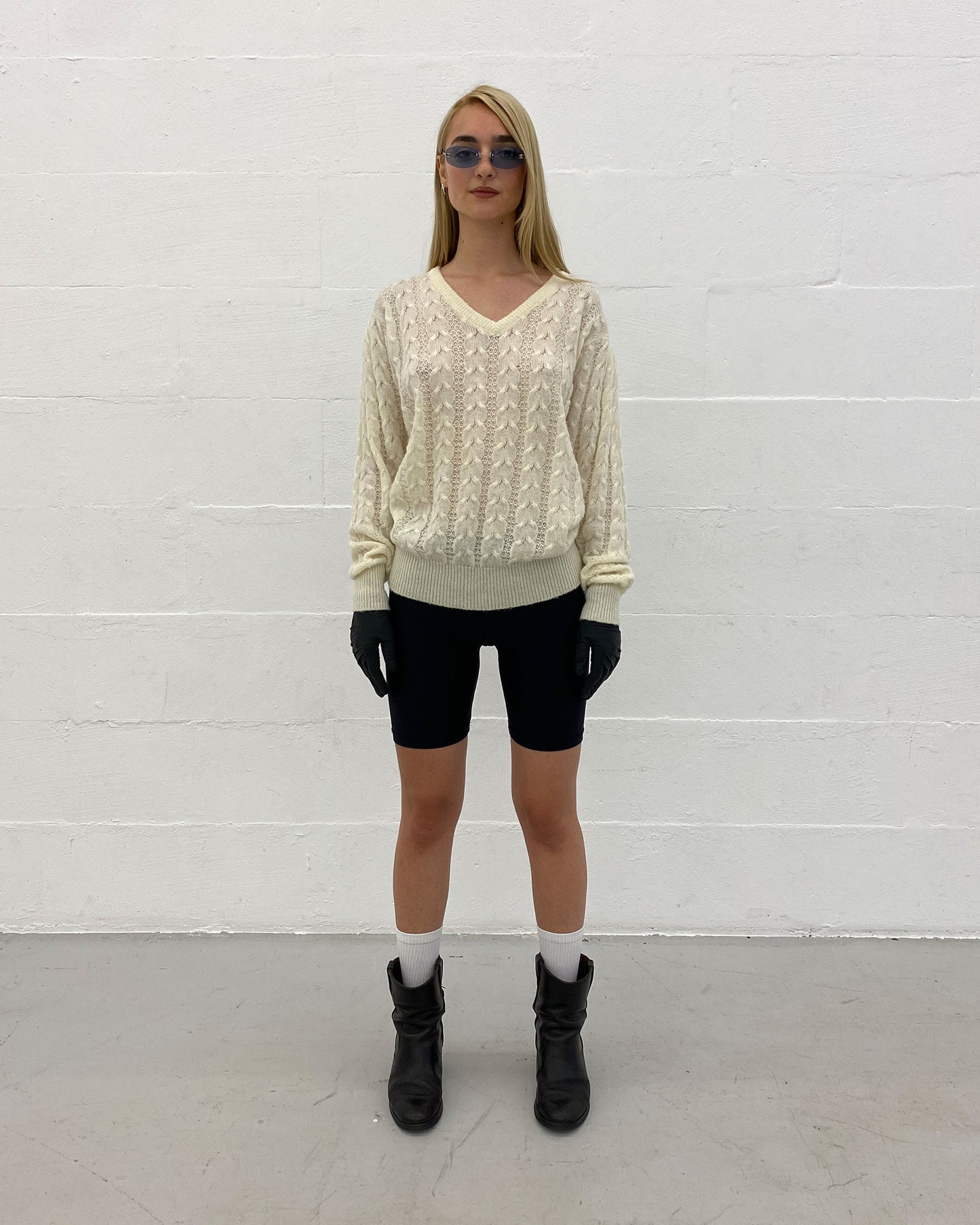 Vintage 1970s Mohair V-Neck Knit Sweater White