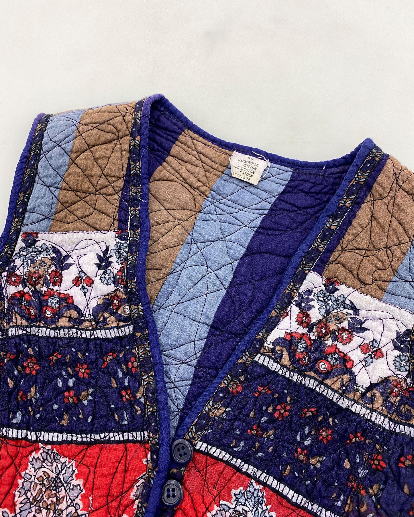 Vintage 1990s Quilted Patchwork Cotton Vest Navy Red