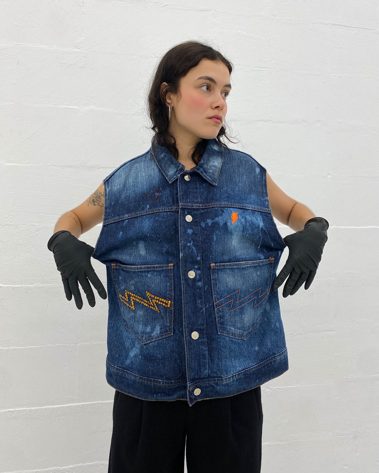 W.&L.T. Walter van Beirendonck 1990s Rhinestones Acid Wash Denim Vest Blue