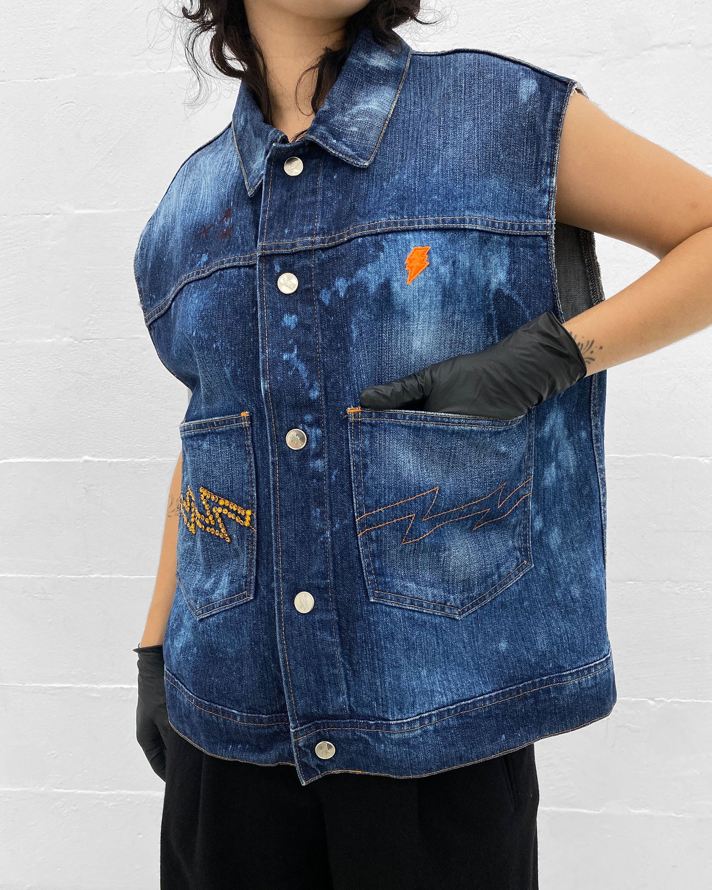 W.&L.T. Walter van Beirendonck 1990s Rhinestones Acid Wash Denim Vest Blue