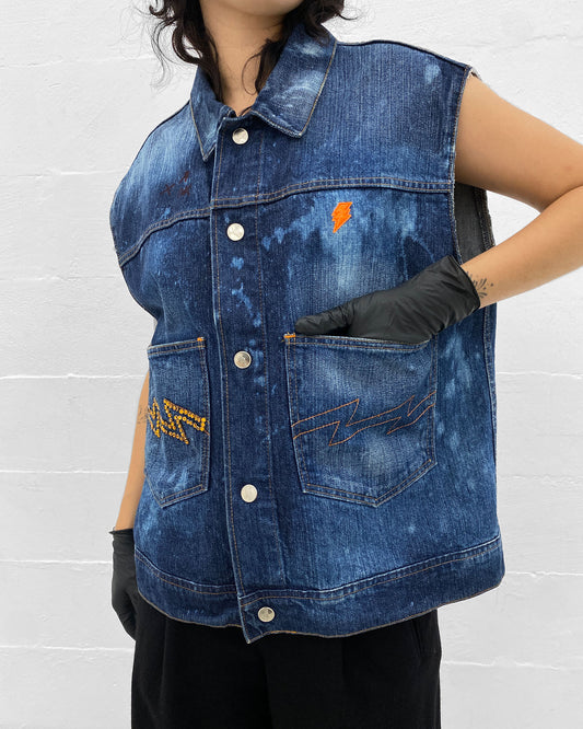 W.&L.T. Walter van Beirendonck 1990s Rhinestones Acid Wash Denim Vest Blue