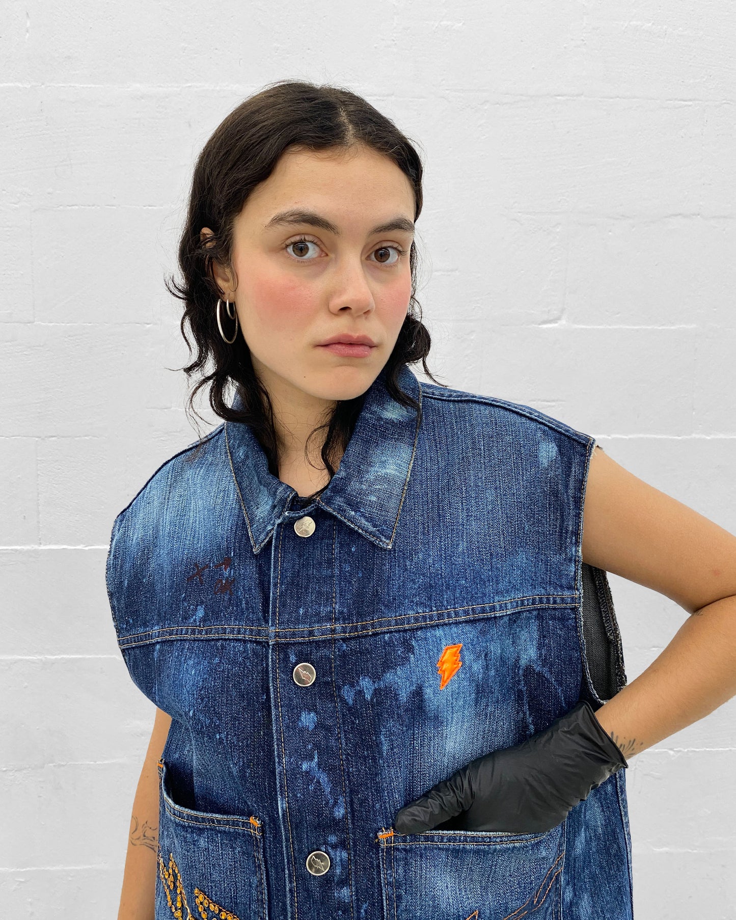 W.&L.T. Walter van Beirendonck 1990s Rhinestones Acid Wash Denim Vest Blue