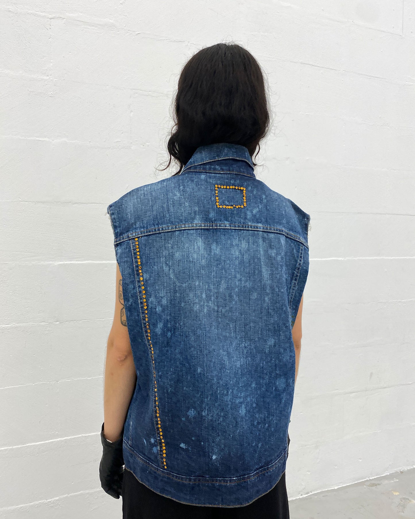 W.&L.T. Walter van Beirendonck 1990s Rhinestones Acid Wash Denim Vest Blue