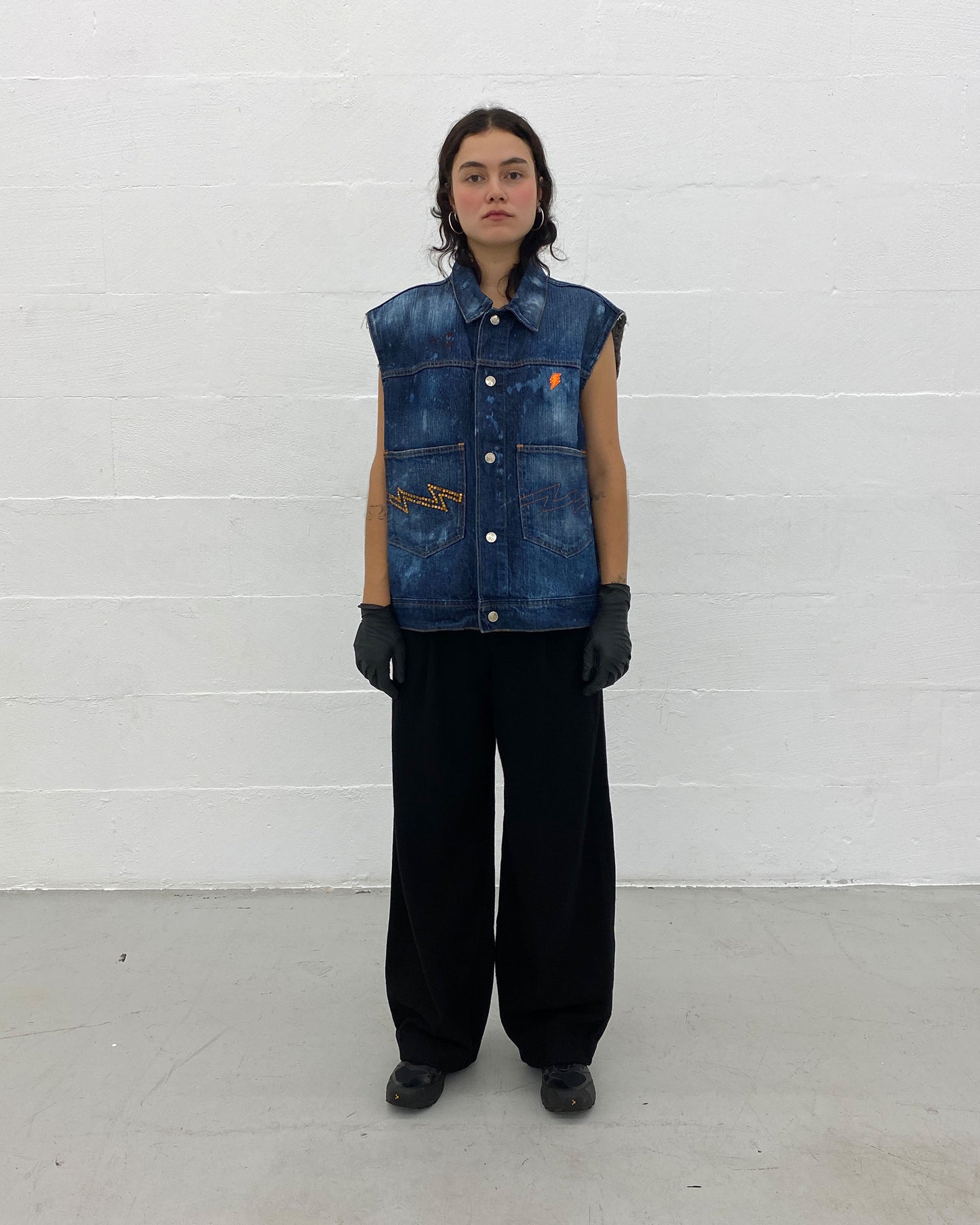 W.&L.T. Walter van Beirendonck 1990s Rhinestones Acid Wash Denim Vest Blue