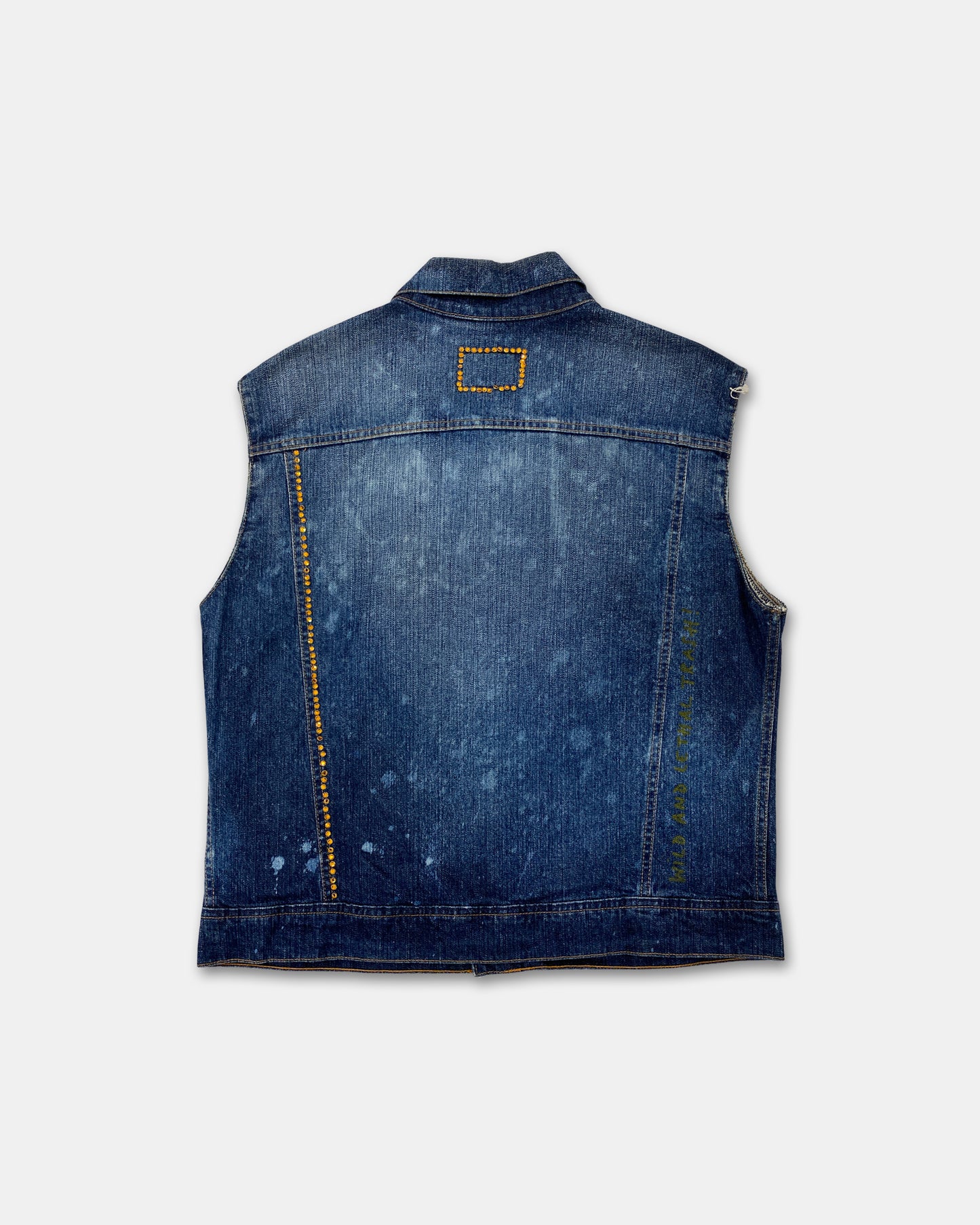 W.&L.T. Walter van Beirendonck 1990s Rhinestones Acid Wash Denim Vest Blue