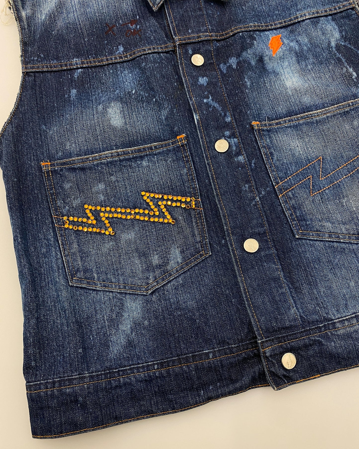 W.&L.T. Walter van Beirendonck 1990s Rhinestones Acid Wash Denim Vest Blue