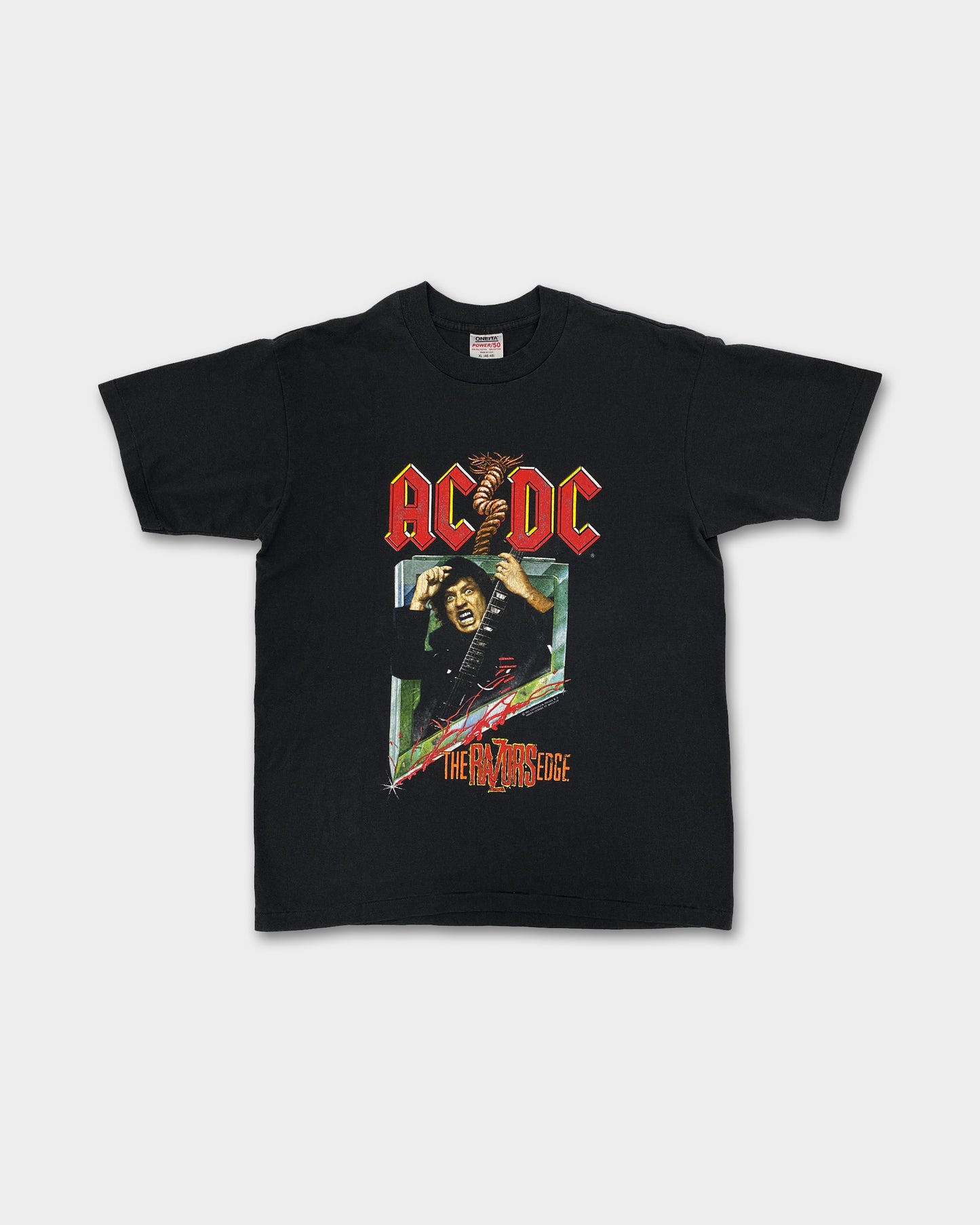 AC/DC 1990-91 World Tour Band T-Shirt mit Einzelstich, verblasstes Schwarz 