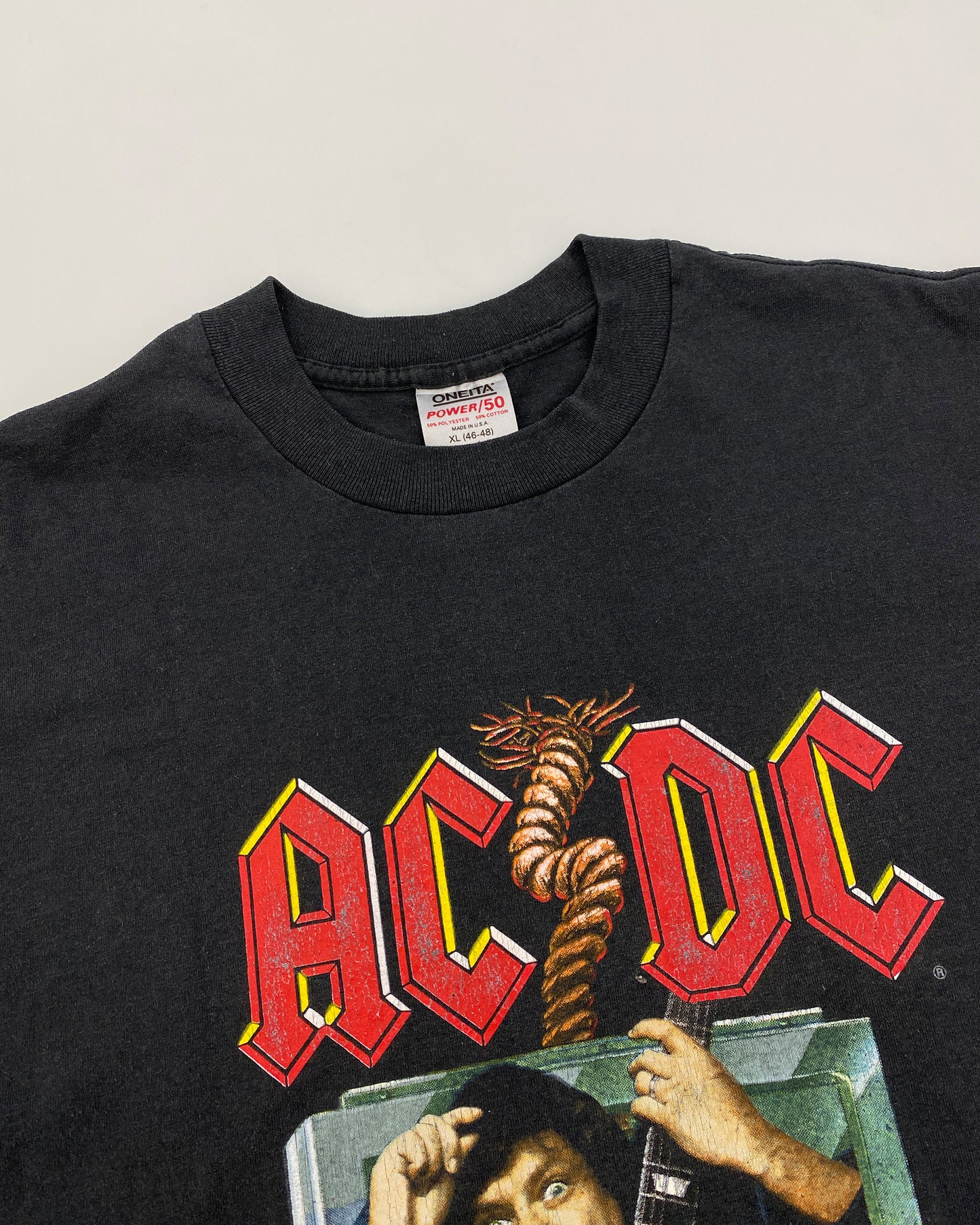 AC/DC 1990-91 World Tour Band T-Shirt mit Einzelstich, verblasstes Schwarz 