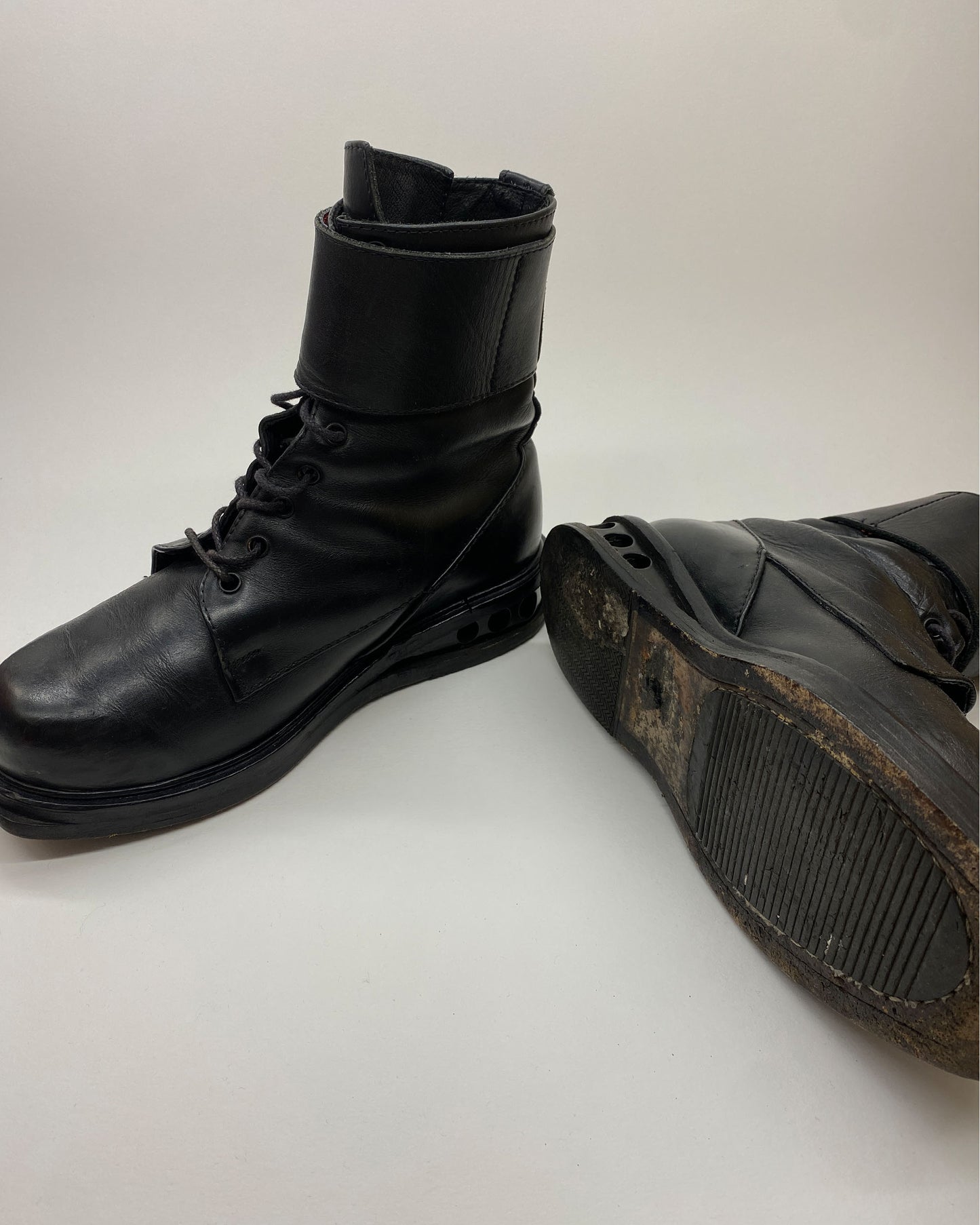 Dirk Bikkembergs 1990s Heel Holes Velcro Square Toe Ankle Boots Black