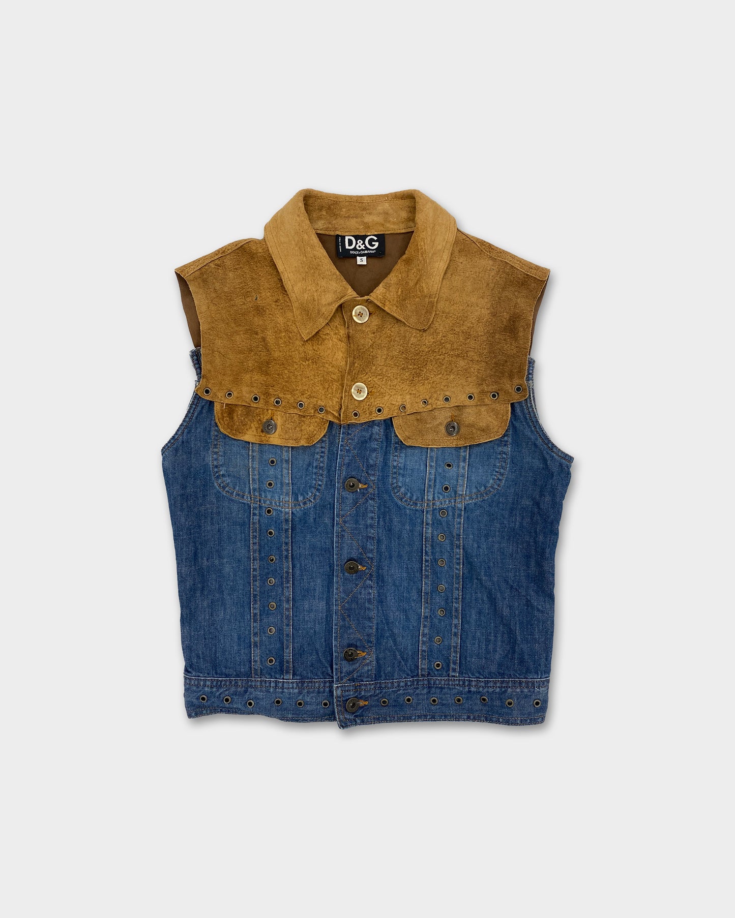 Dolce & Gabbana 2000s Leather Denim Vest Blue Brown