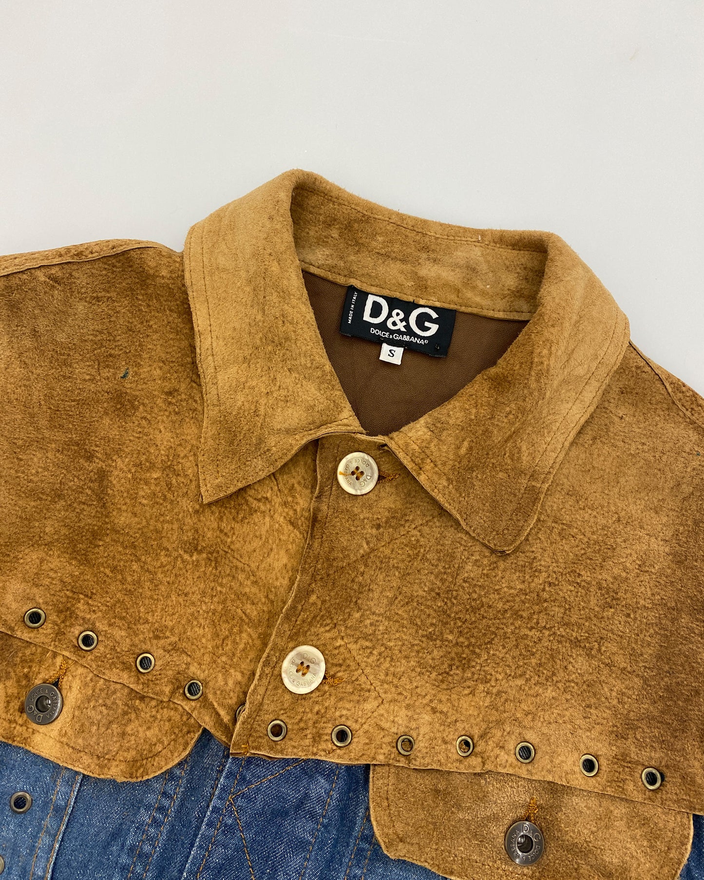 Dolce &amp; Gabbana 2000er Leder Jeansweste Blau Braun 