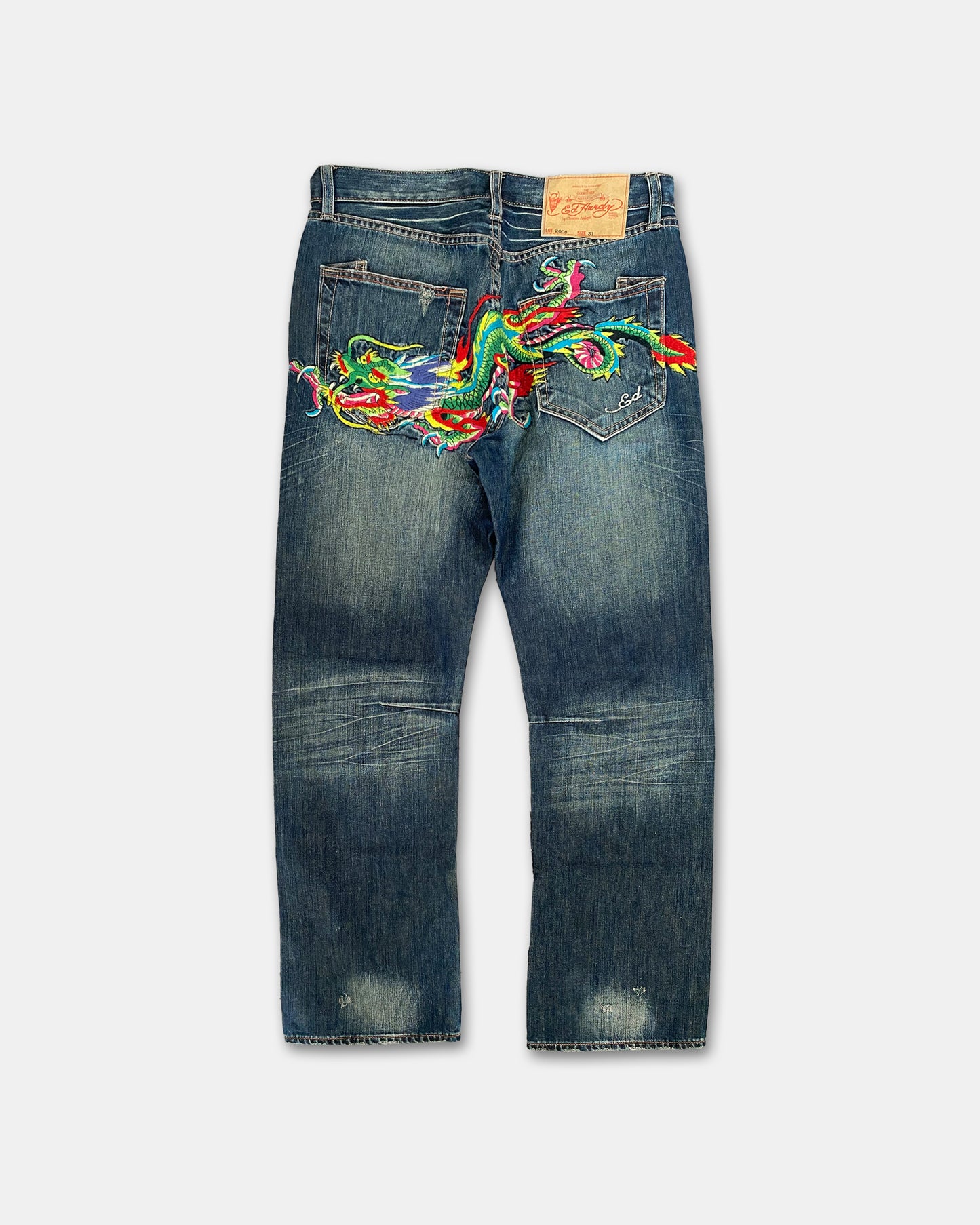 Ed Hardy 2000er Jeansblau mit Drachenstickerei 