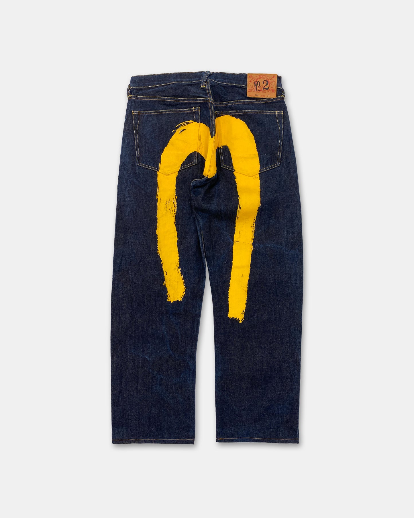 Evisu 1990er Selvedge-Denim mit großem gelbem Logo, Dunkelblau