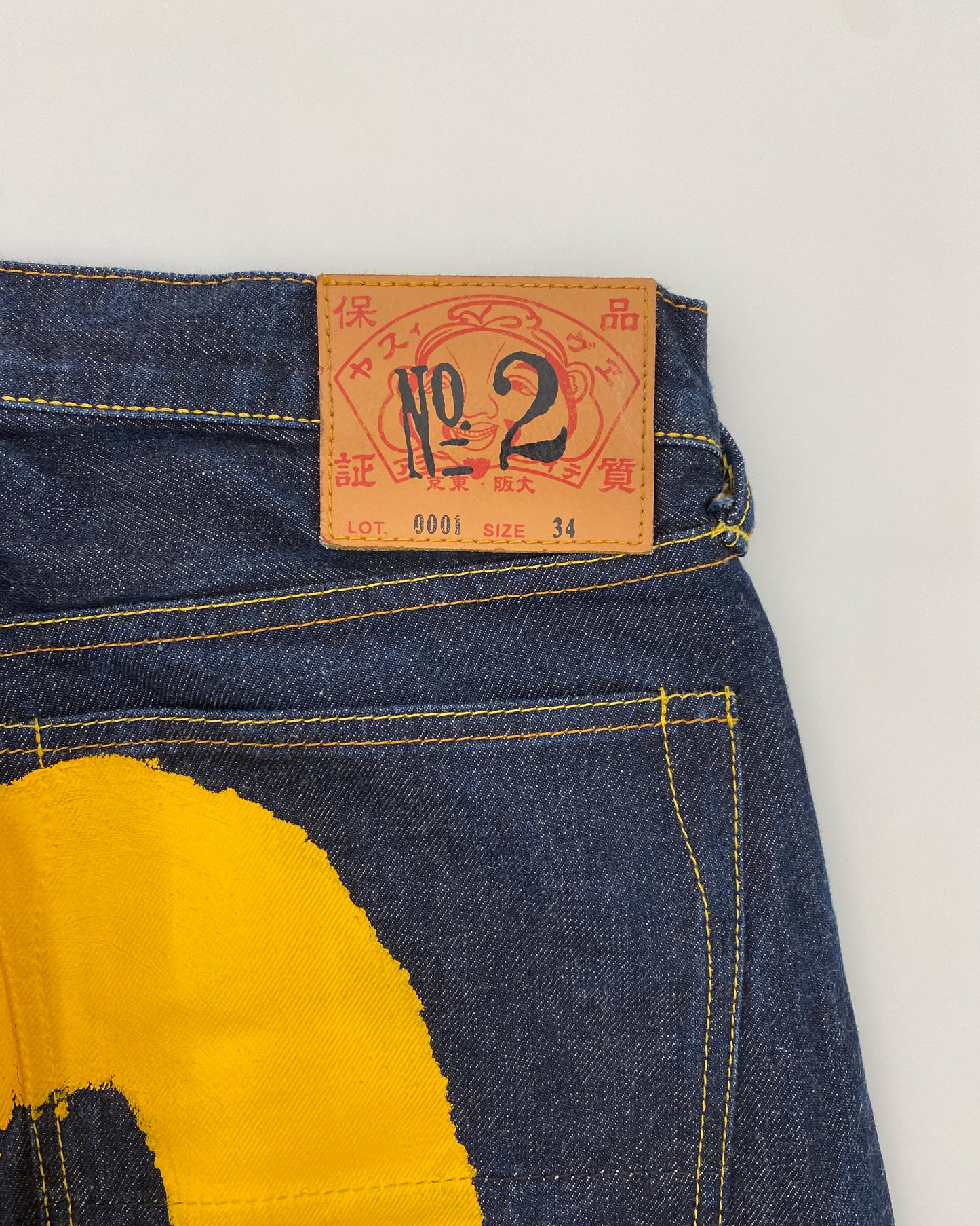 Evisu 1990er Selvedge-Denim mit großem gelbem Logo, Dunkelblau