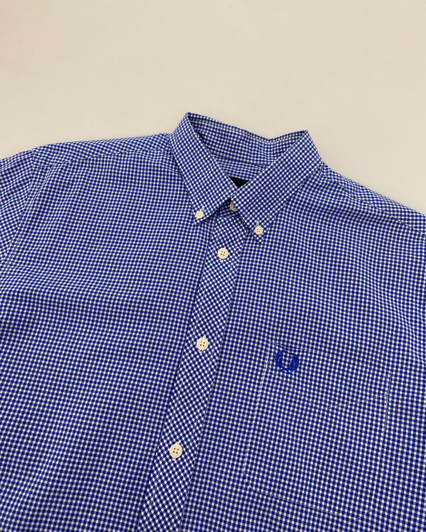 Fred Perry 2010s Checkered Short Sleeve Button Down Shirt Blue