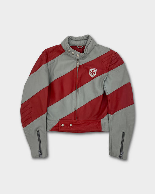 Harro 1980er Diagonal gestreifte Lederjacke Rot Grau 