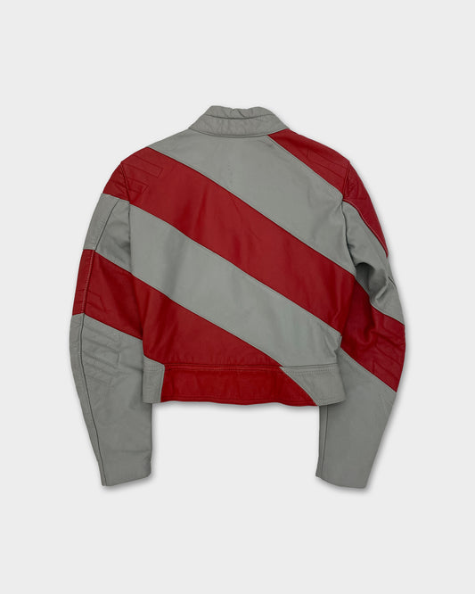 Harro 1980er Diagonal gestreifte Lederjacke Rot Grau 