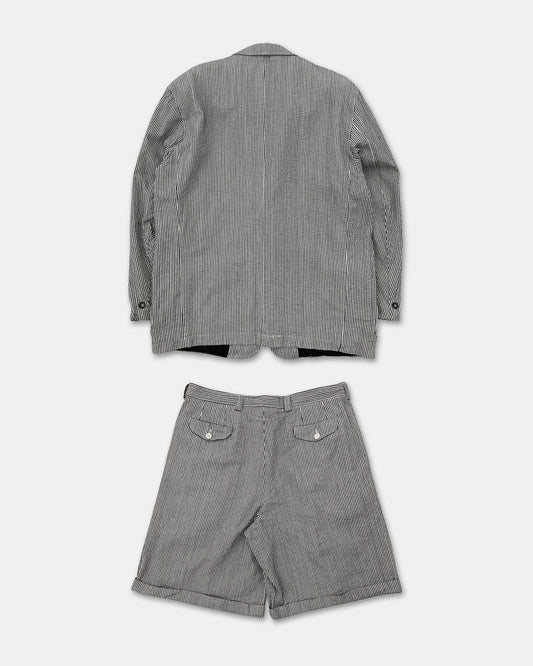 Kenzo 1990s Light Cotton Striped Blazer Jacket and Shorts Set Black White