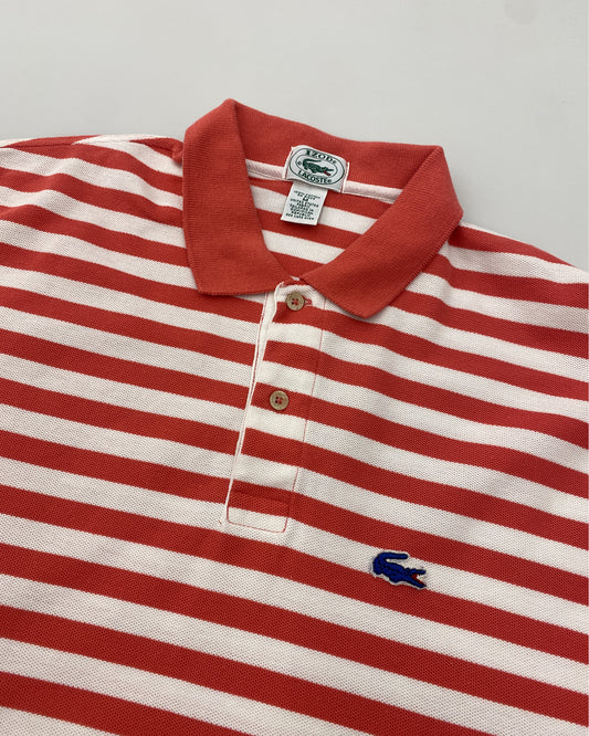 Lacoste Izod 1990s Gestreiftes Piqué-Poloshirt Weiß Koralle 