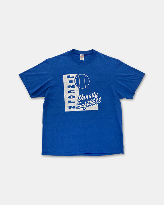 Vintage 1980s Lincoln Varsity Softball Single Stitched T-Shirt Blue