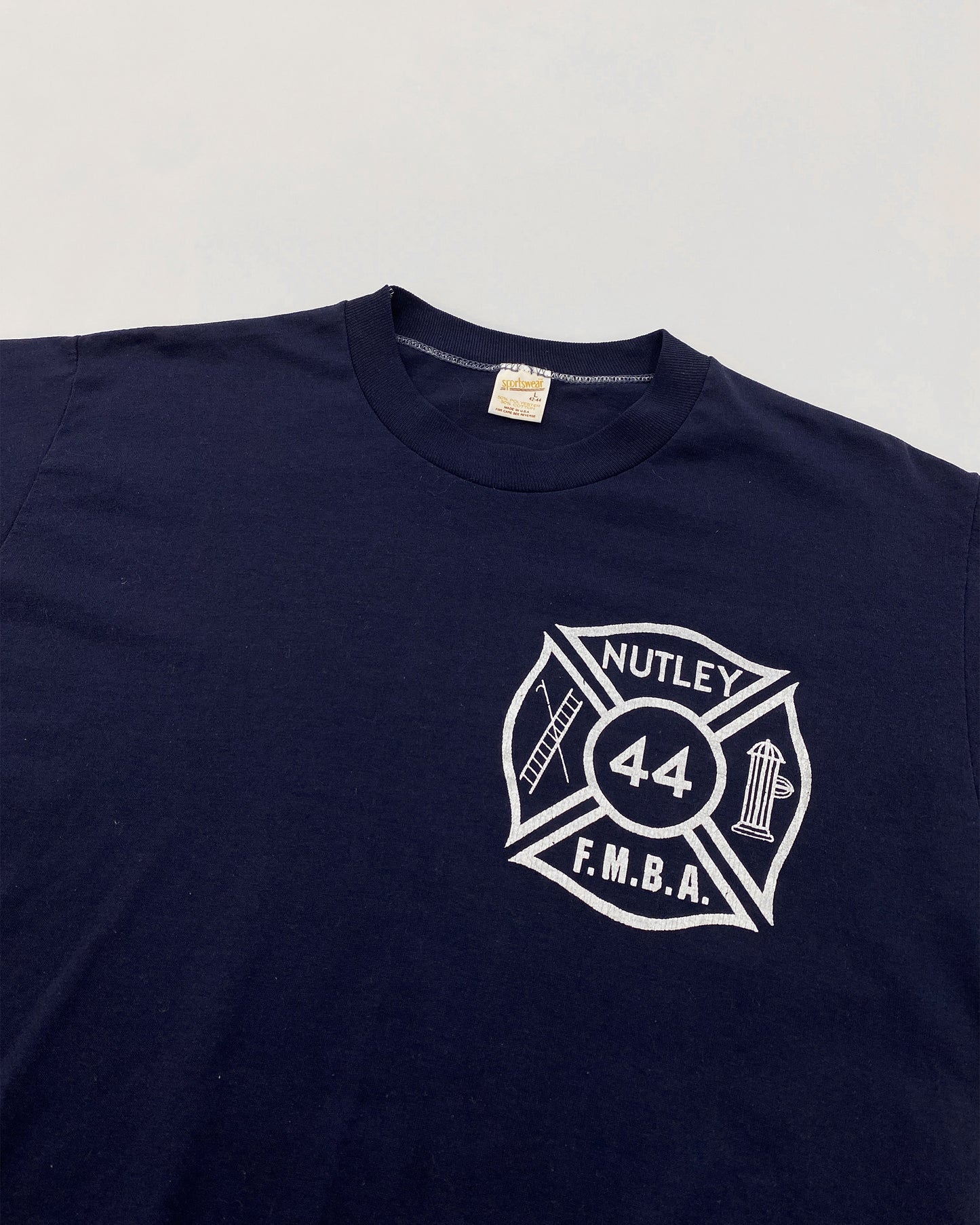 Vintage 1980er Nutley FMBA Feuerwehrmann Single Stitched T-Shirt Navy 