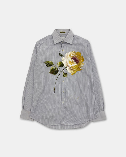 Paul Smith 2010s Handbemaltes Blumen-Streifenhemd Weiß 