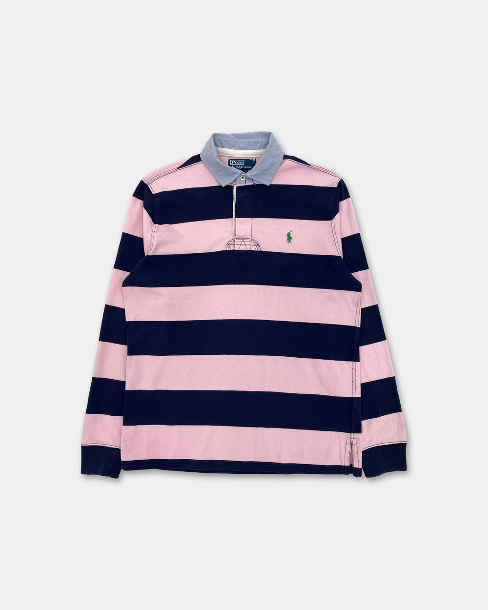 Polo von Ralph Lauren 1990er Gestreiftes Poloshirt Marineblau Pink 