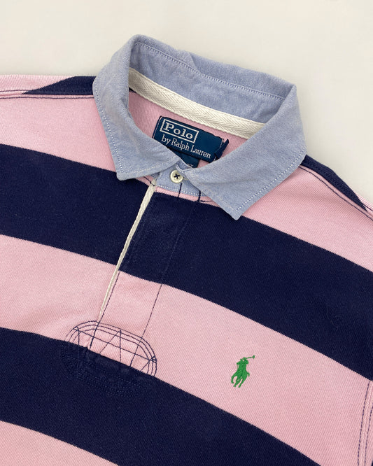 Polo von Ralph Lauren 1990er Gestreiftes Poloshirt Marineblau Pink 