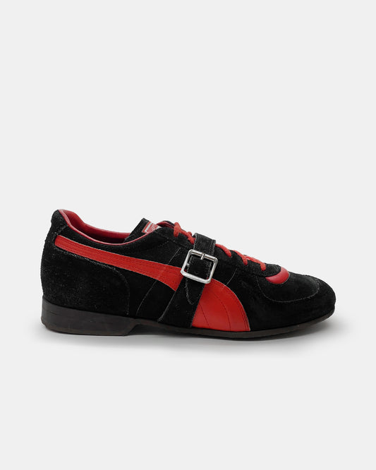 Puma 1980er Jahre Made in West Germany Schnalle Wildleder Schuhe Schwarz Rot 