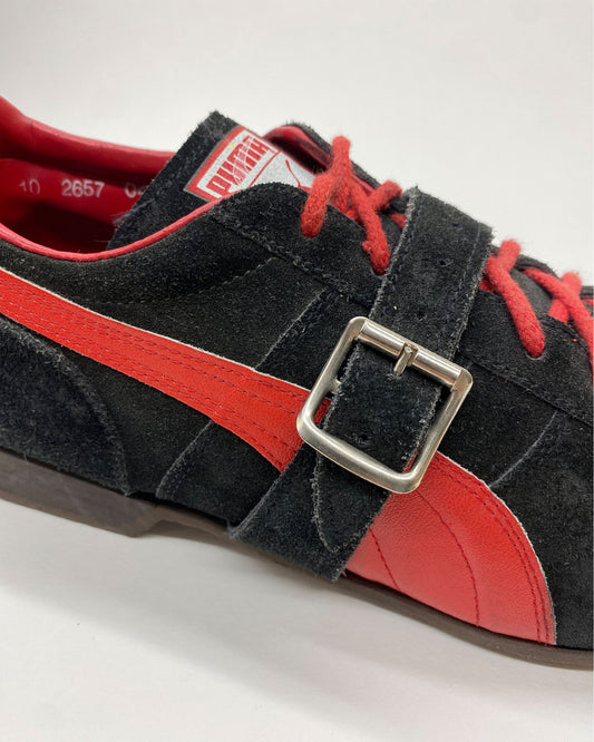 Puma 1980er Jahre Made in West Germany Schnalle Wildleder Schuhe Schwarz Rot 