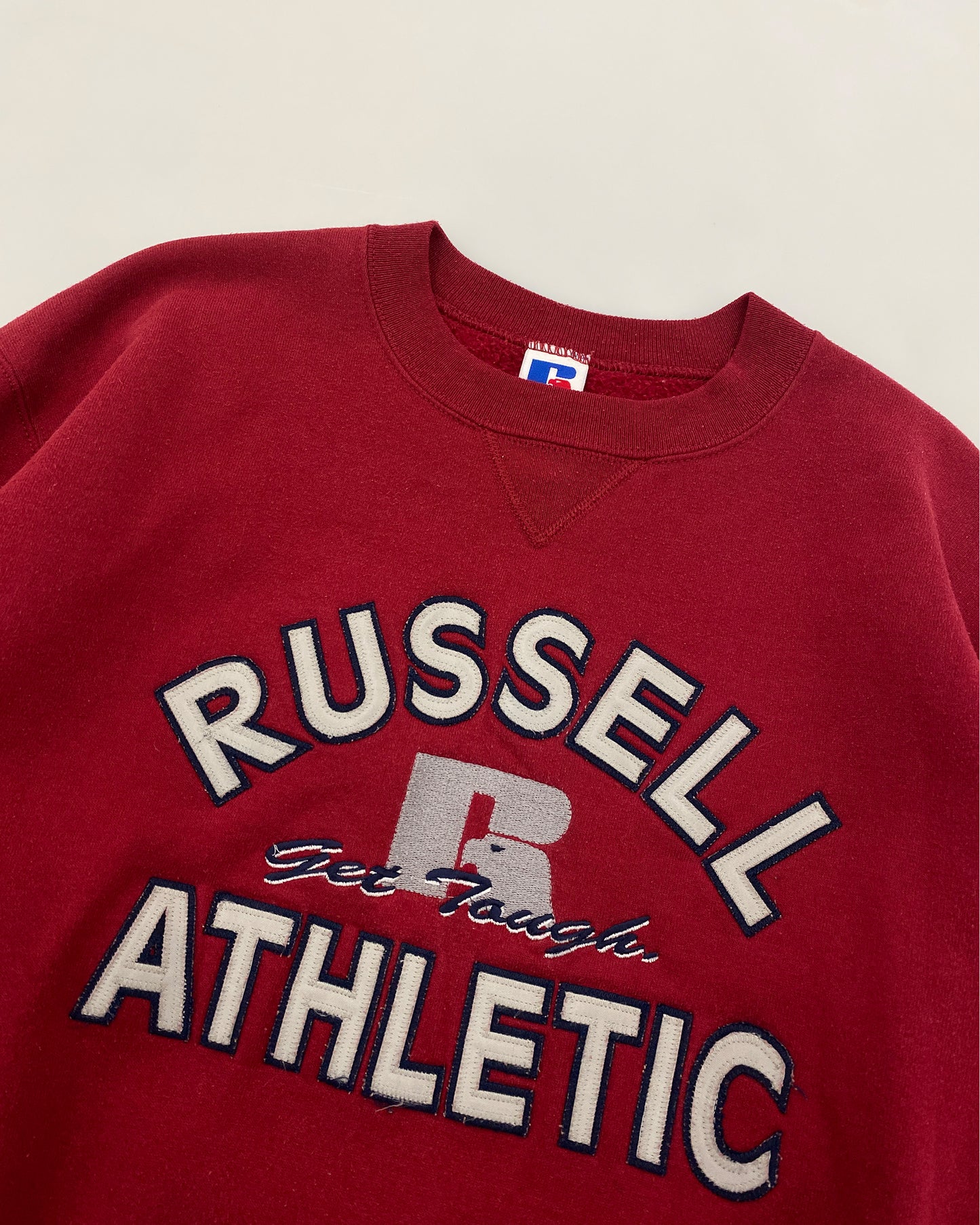 Russell Athletic 1990er Jahre Made in USA Besticktes Logo Rundhalsausschnitt Bordeaux 