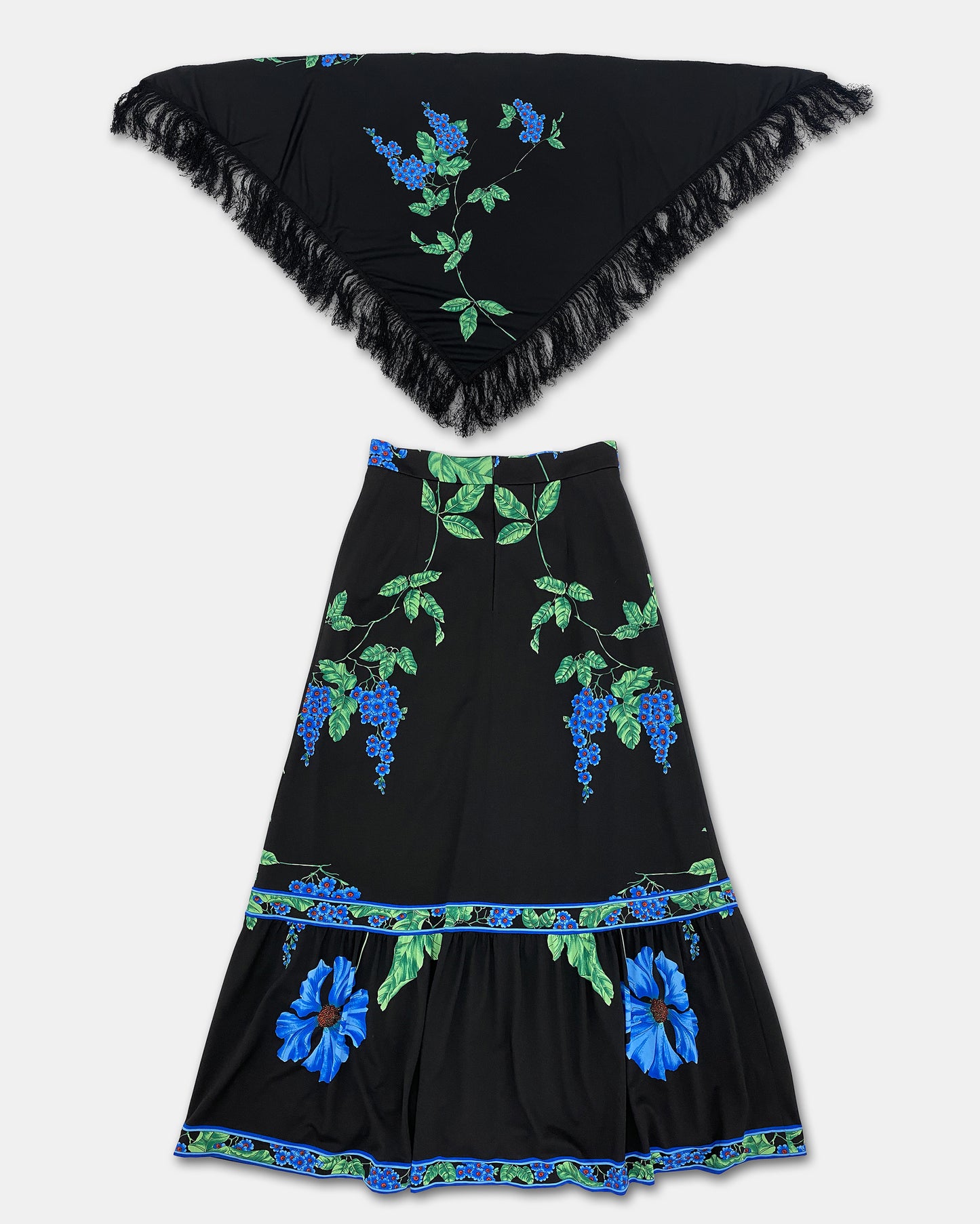 Vintage 1980s Flower Print Maxi Skirt and Fringed Triangle Scarf Set Black