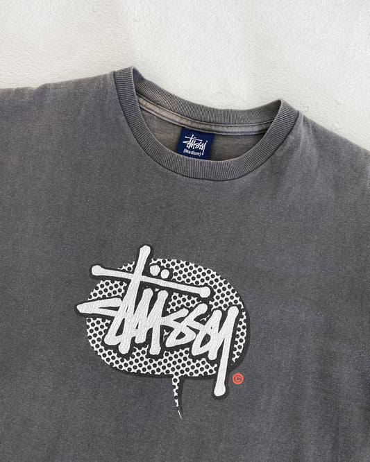 Stüssy – 2000s Logo-T-Shirt in verblasstem Grau 